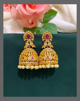 Beautiful Stone Jhumki With White Pear In Nakshi - NE00393